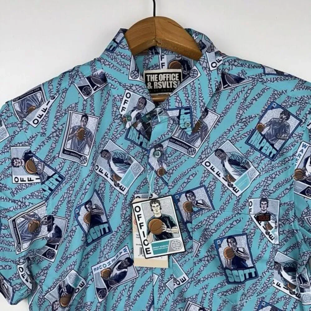 NWT RSVLTS Shirt Mens‎ S The Office Blue Short Sleeve Button Up Basketball Card